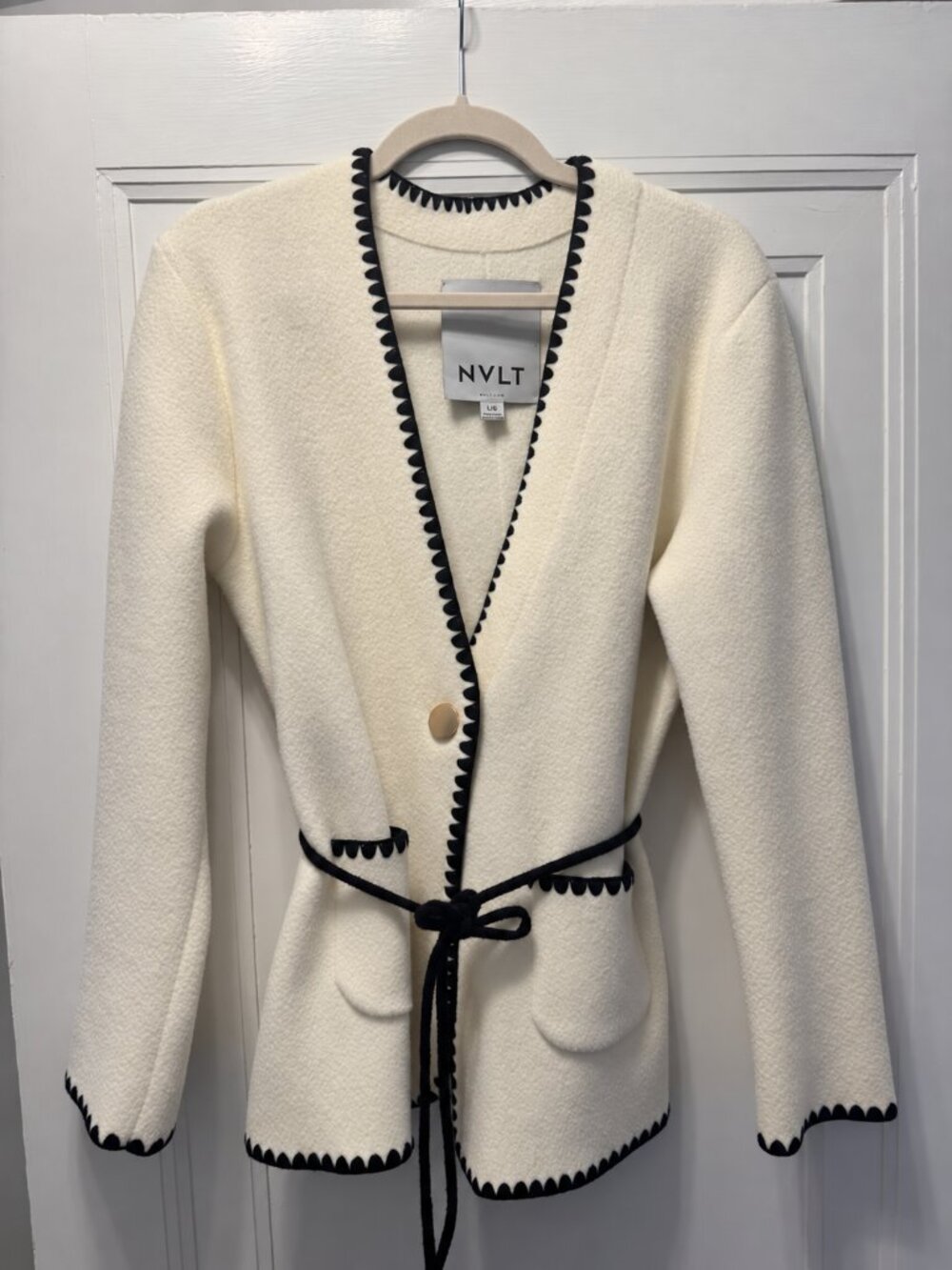 NVLT/Anthropologie Whipstitch Cream Blazer with Black Piping Detail Size L